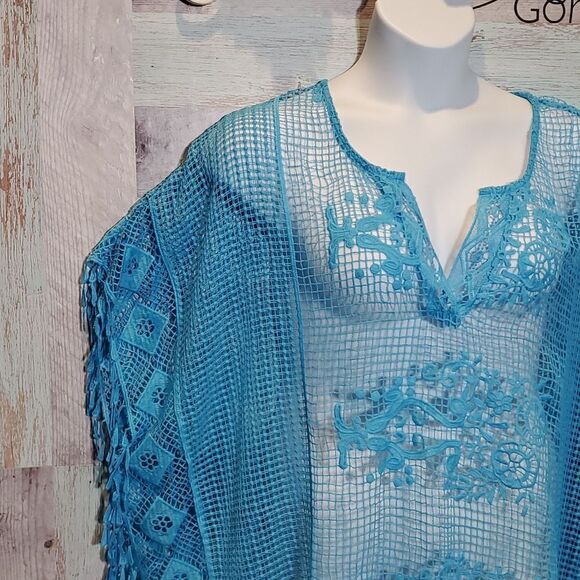 Catherines Sz 2X/3X Turquoise Slipover Open Weave Lace Caftan Blouse Fringe 524 - Picture 3 of 9